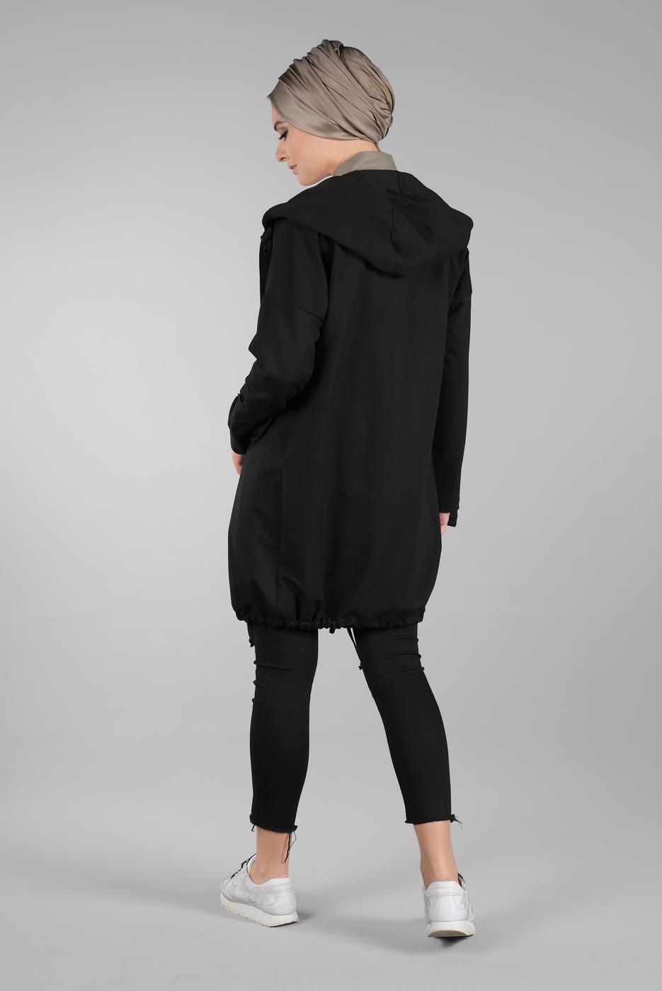 Hijab clothing BLACK Hooded Button Jacket T 7128 