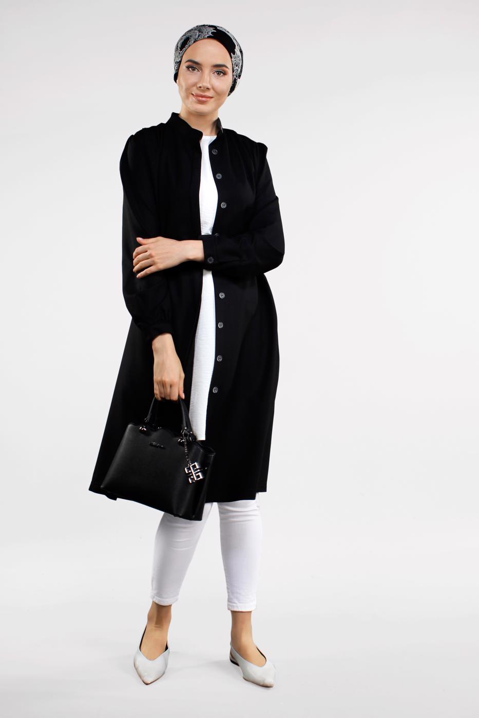 Tesettür giyim SİYAH KALIN KEMERLİ HAKİM YAKA CEKET 7321