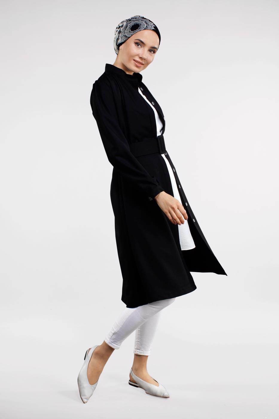 Tesettür giyim SİYAH KALIN KEMERLİ HAKİM YAKA CEKET 7321