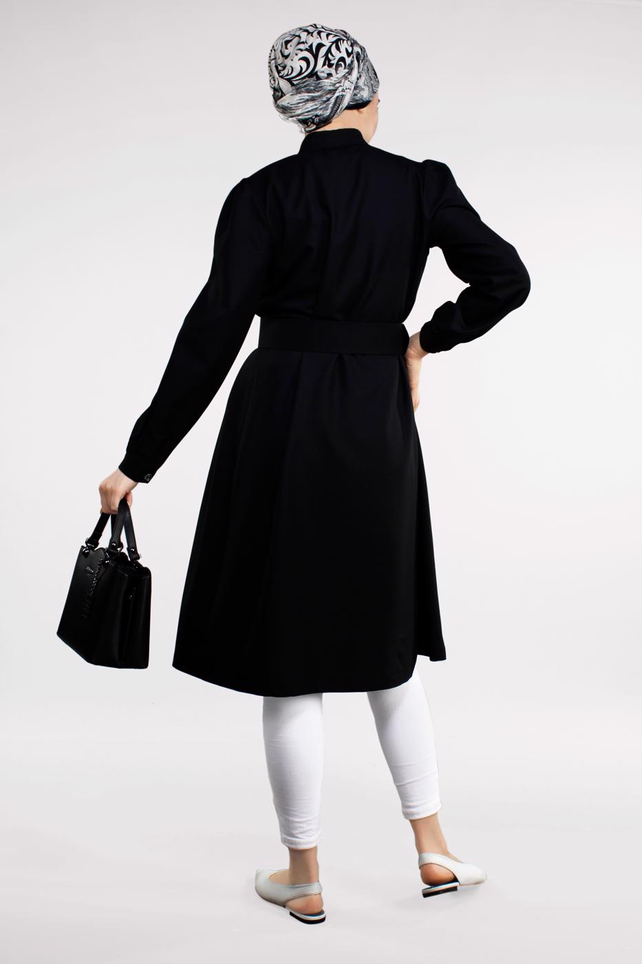 Tesettür giyim SİYAH KALIN KEMERLİ HAKİM YAKA CEKET 7321