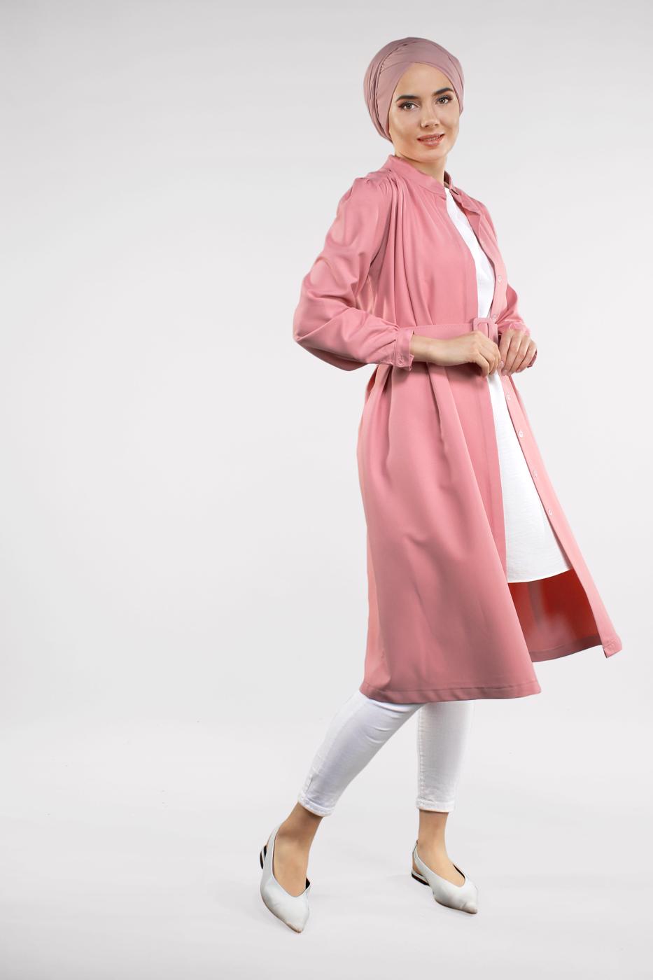 Tesettür giyim PUDRA KALIN KEMERLİ HAKİM YAKA CEKET 7321