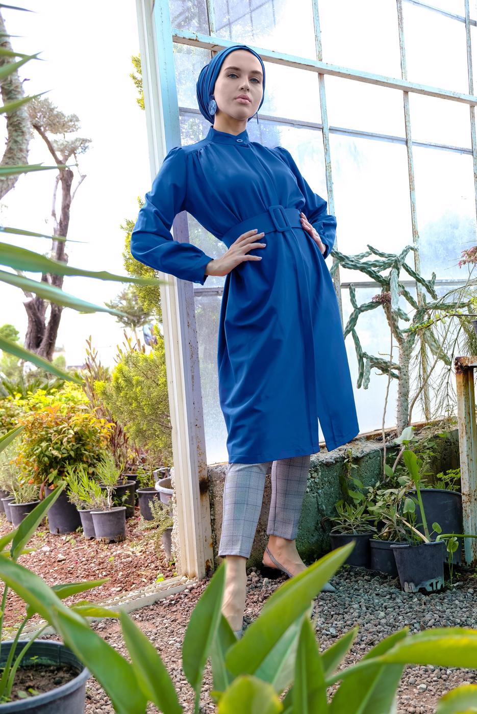 Tesettür giyim LACİVERT KALIN KEMERLİ HAKİM YAKA CEKET 7321