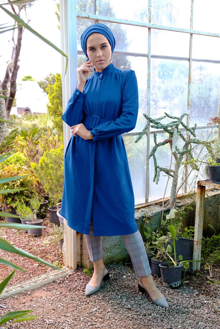 Tesettür giyim LACİVERT KALIN KEMERLİ HAKİM YAKA CEKET 7321