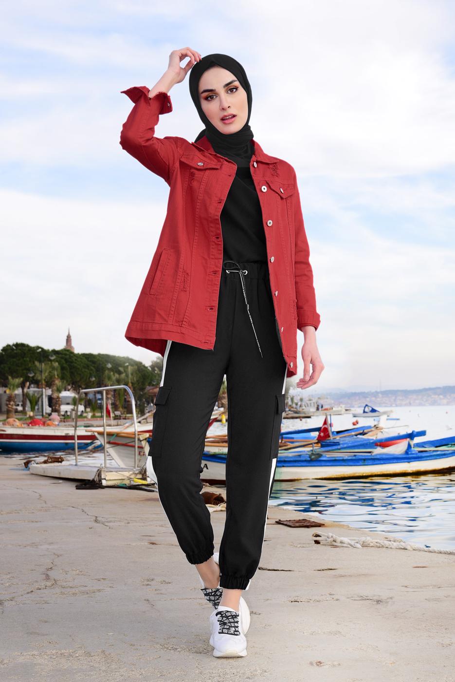 Tesettür giyim KIRMIZI ESKİTME YIRTIK KOT CEKET T 7505