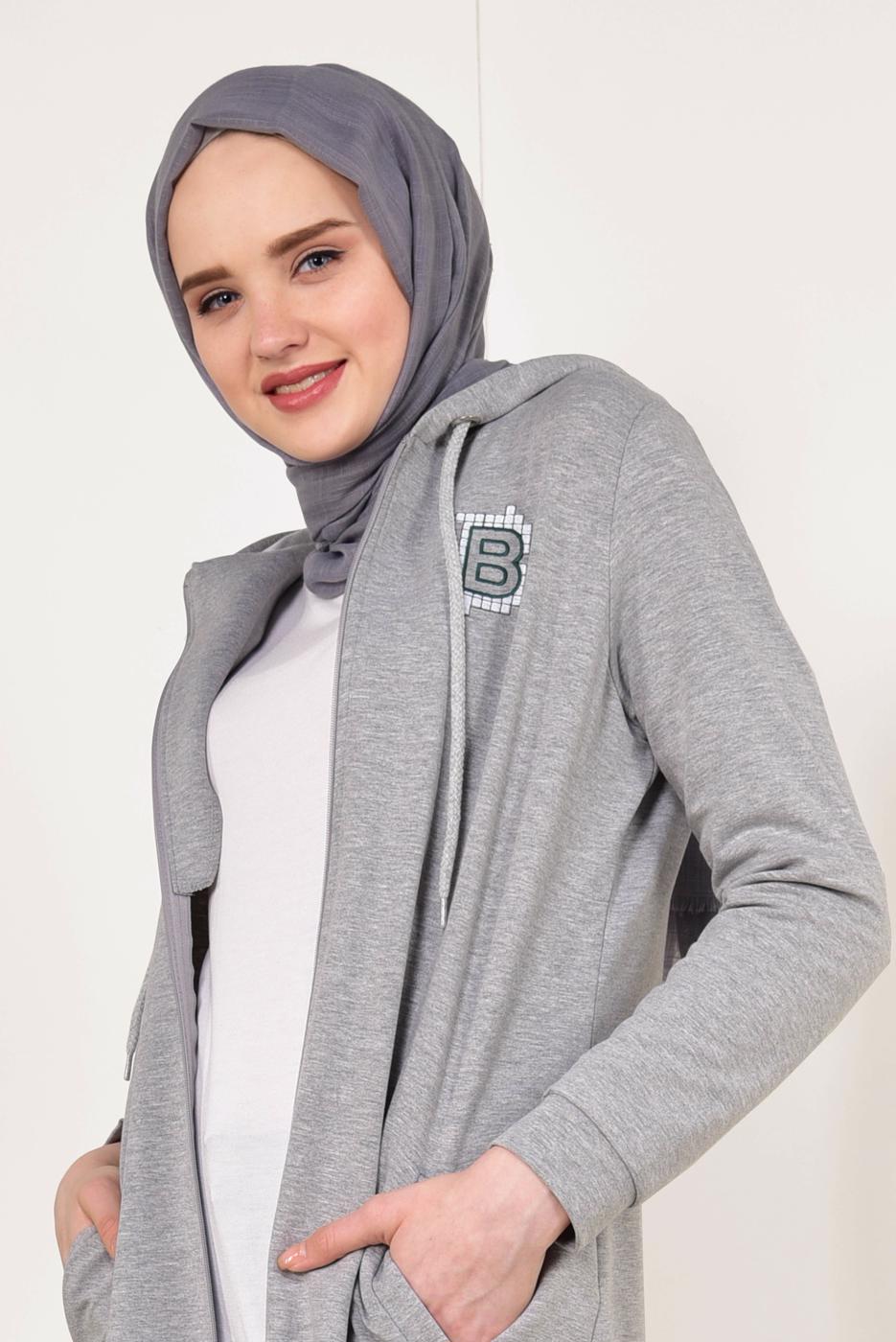 Tesettür giyim GRİ ŞERİT DETAYLI KAPÜŞONLU EŞOFMAN CEKET 7738 