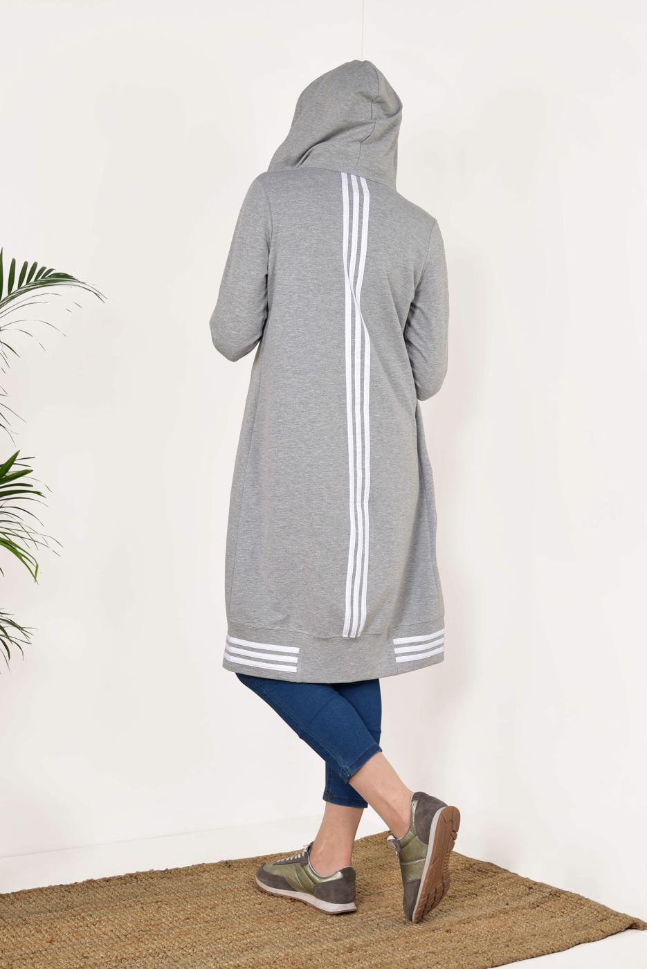 Tesettür giyim GRİ ŞERİT DETAYLI KAPÜŞONLU EŞOFMAN CEKET 7738 