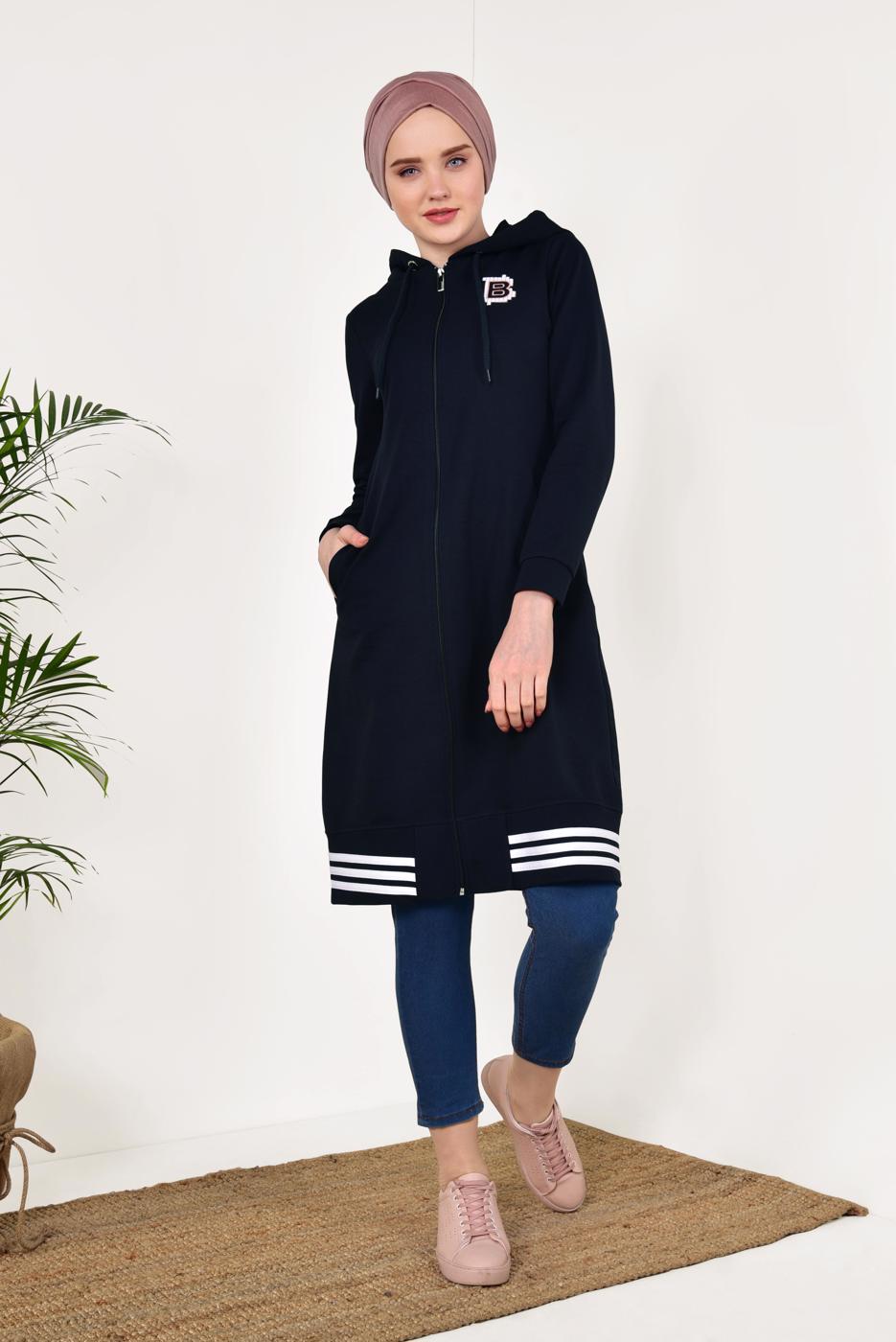 Tesettür giyim LACİVERT ŞERİT DETAYLI KAPÜŞONLU EŞOFMAN CEKET 7738 
