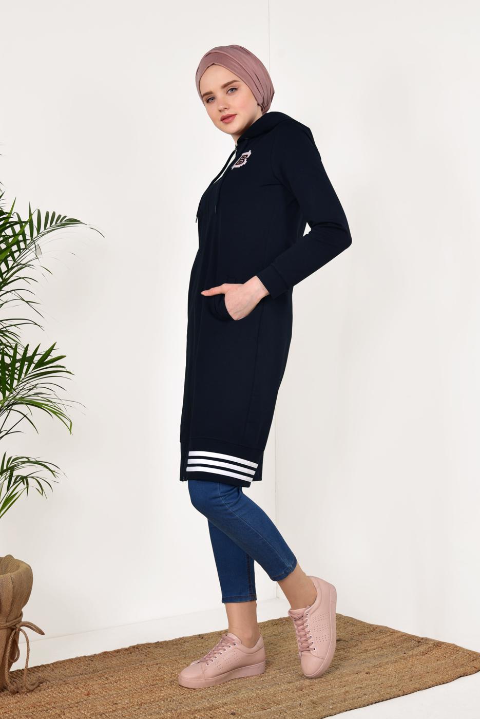 Tesettür giyim LACİVERT ŞERİT DETAYLI KAPÜŞONLU EŞOFMAN CEKET 7738 