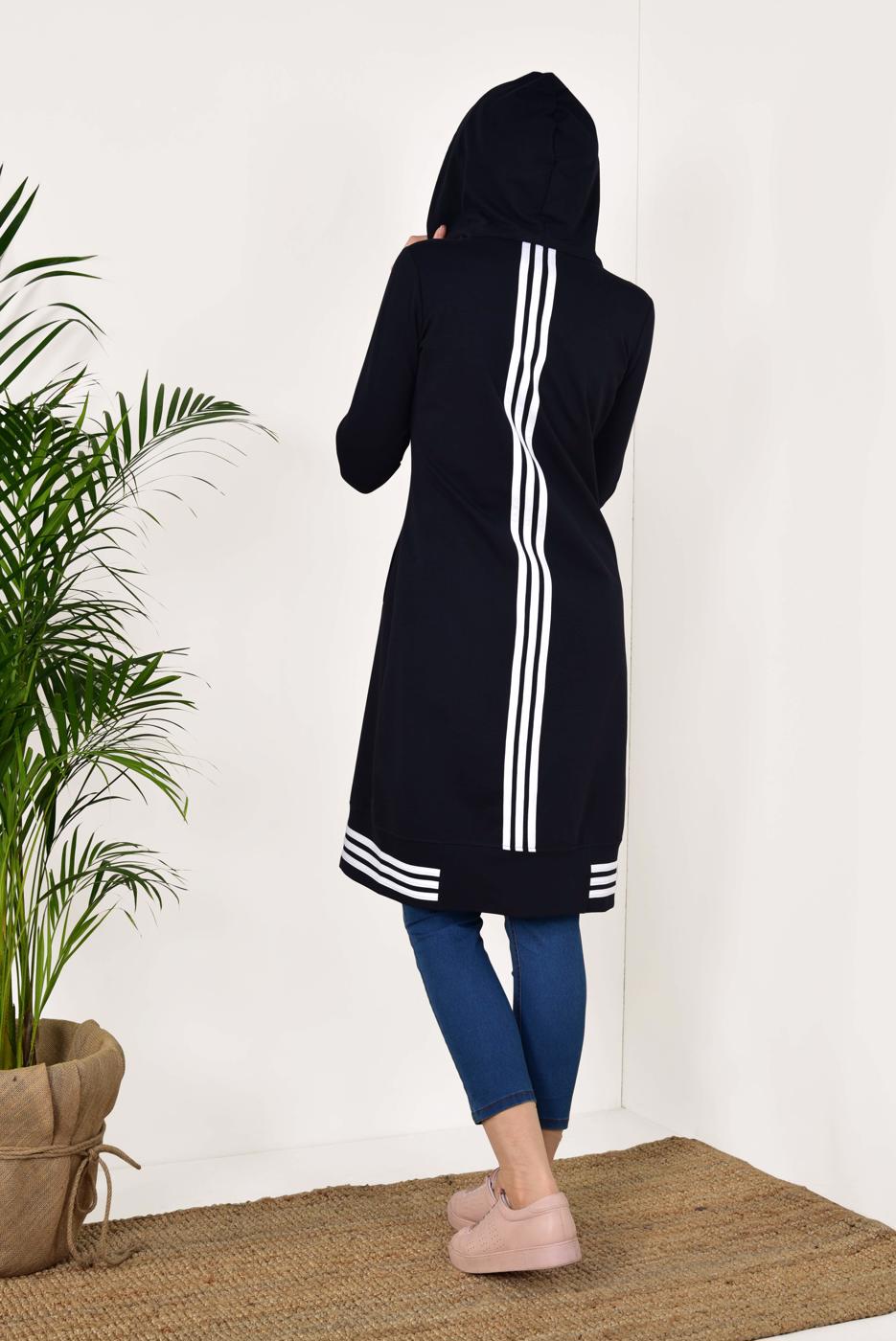 Tesettür giyim LACİVERT ŞERİT DETAYLI KAPÜŞONLU EŞOFMAN CEKET 7738 