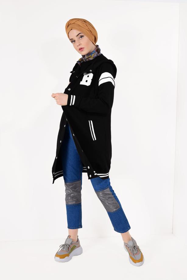 Tesettür giyim SİYAH ŞERİT DETAYLI BOYDAN ÇITÇITLI EŞOFMAN CEKET T 9738 - TRENDTESETTÜR