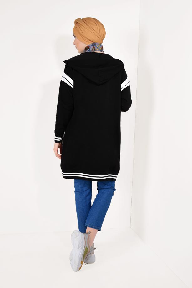 Tesettür giyim SİYAH ŞERİT DETAYLI BOYDAN ÇITÇITLI EŞOFMAN CEKET T 9738 - TRENDTESETTÜR