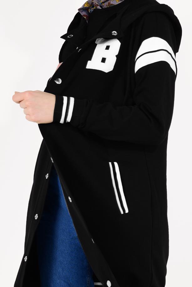 Tesettür giyim SİYAH ŞERİT DETAYLI BOYDAN ÇITÇITLI EŞOFMAN CEKET T 9738 - TRENDTESETTÜR