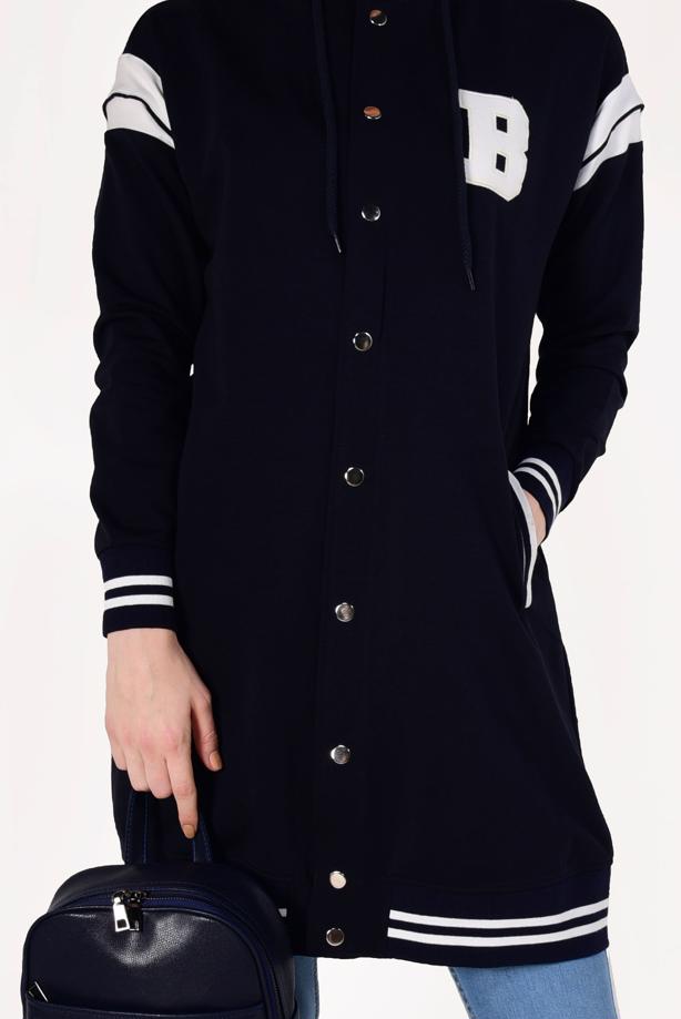 Tesettür giyim LACİVERT ŞERİT DETAYLI BOYDAN ÇITÇITLI EŞOFMAN CEKET T 9738 - TRENDTESETTÜR