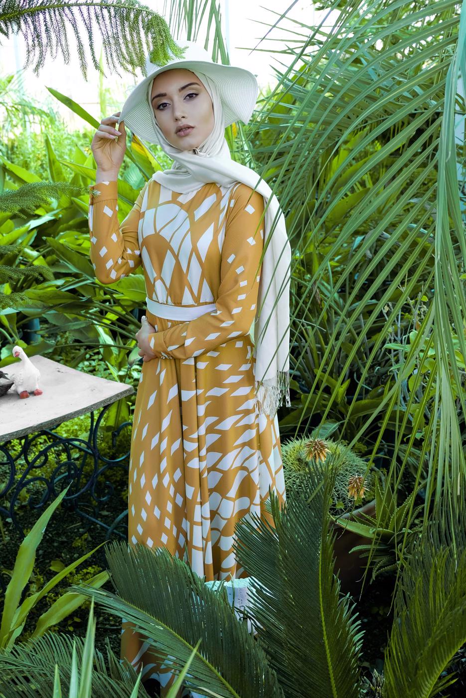 Tesettür giyim SARI GEOMETRİK DESENLİ ELBİSE 32391-1