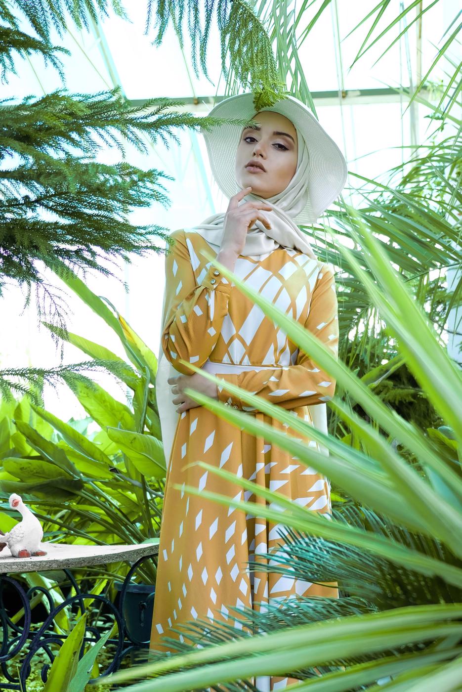 Tesettür giyim SARI GEOMETRİK DESENLİ ELBİSE 32391-1