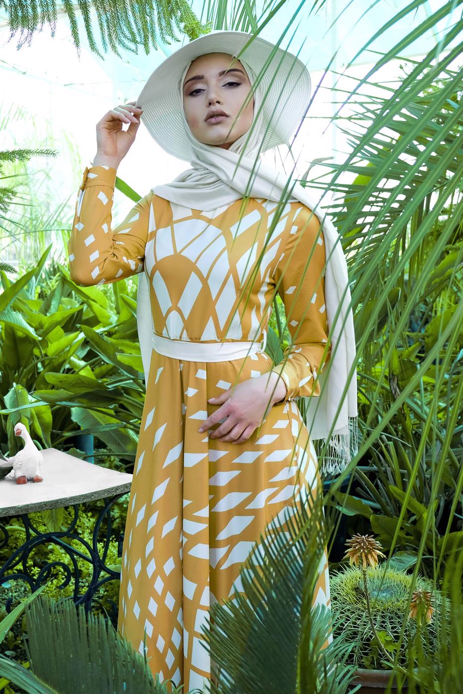 Tesettür giyim SARI GEOMETRİK DESENLİ ELBİSE 32391-1