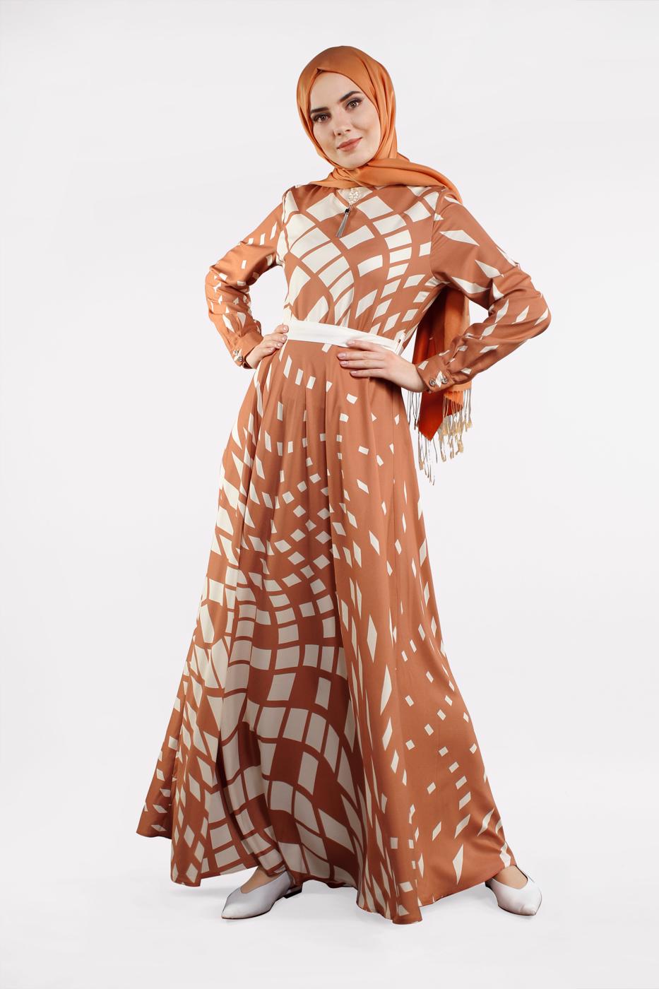 Tesettür giyim PEMBE GEOMETRİK DESENLİ ELBİSE 32391-1