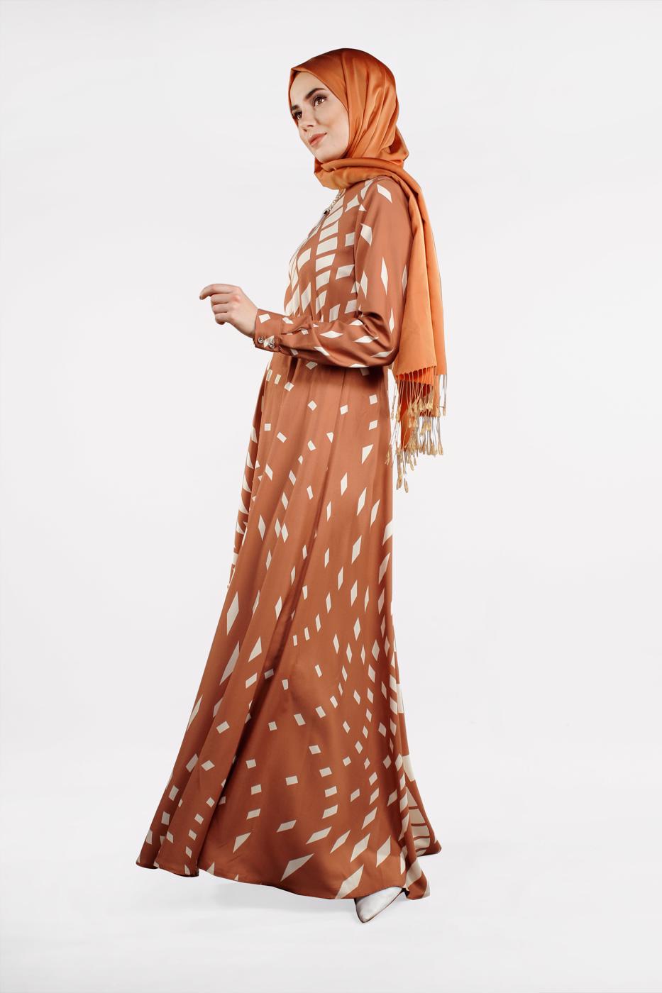 Tesettür giyim PEMBE GEOMETRİK DESENLİ ELBİSE 32391-1