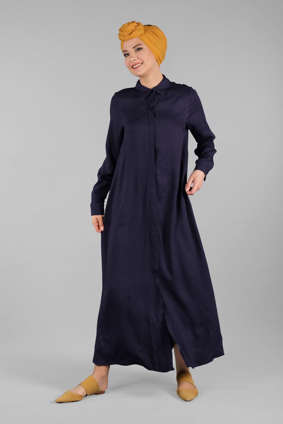 Tesettür giyim LACİVERT  GİZLİ DÜĞMELİ YAKALI ELBİSE 1817-1