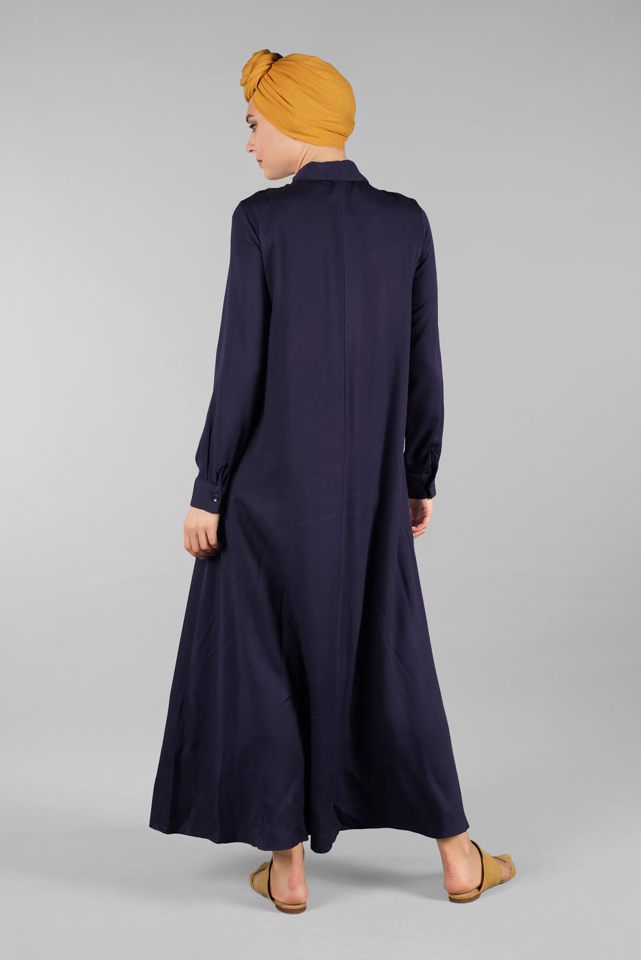 Tesettür giyim LACİVERT  GİZLİ DÜĞMELİ YAKALI ELBİSE 1817-1