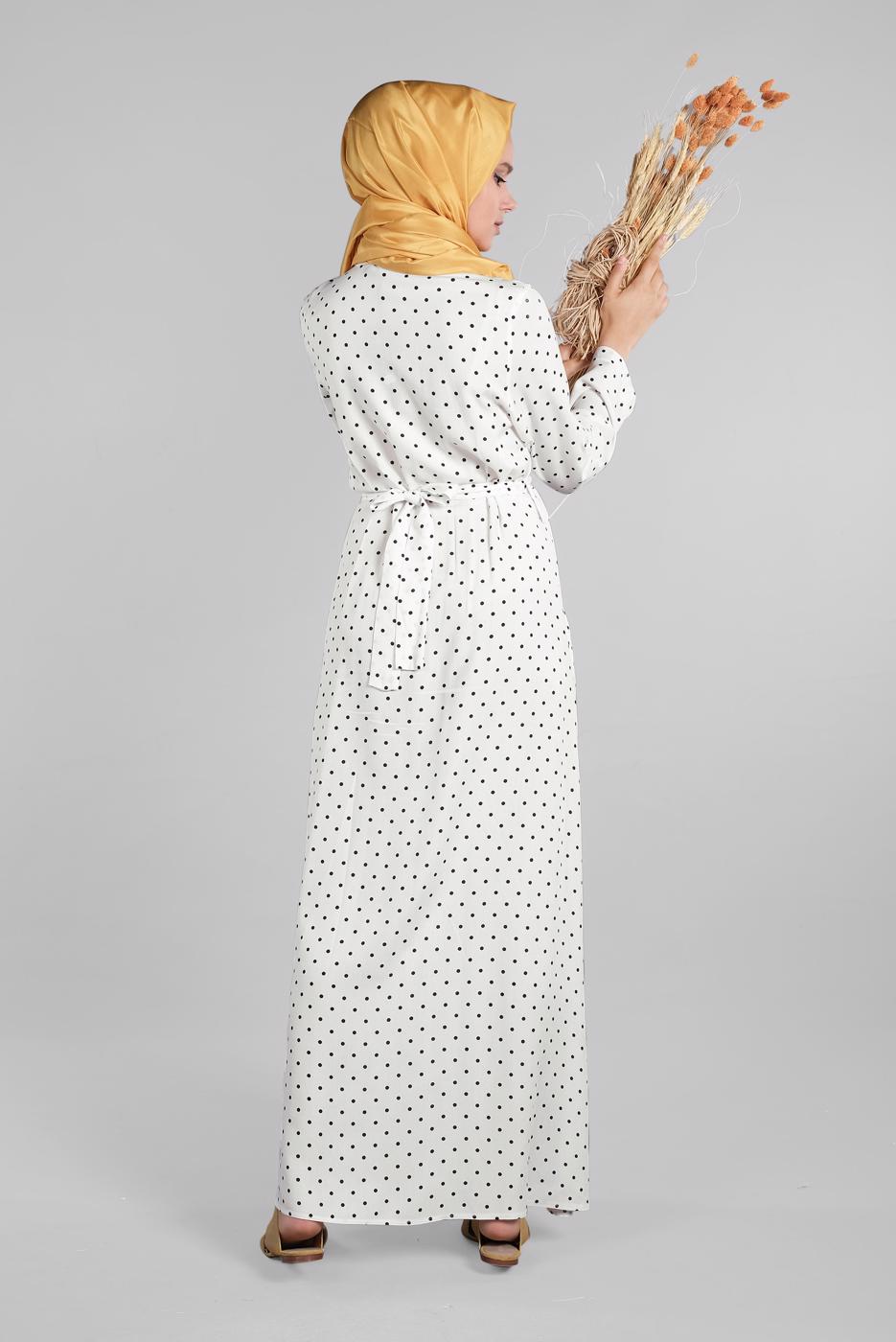 Hijab clothing CREAM Buttoned Polka Dot Dress T 8937-1 