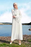 Tesettür giyim EKRU KOLLARI VOLANLI İŞLEMELİ ELBİSE T 00381