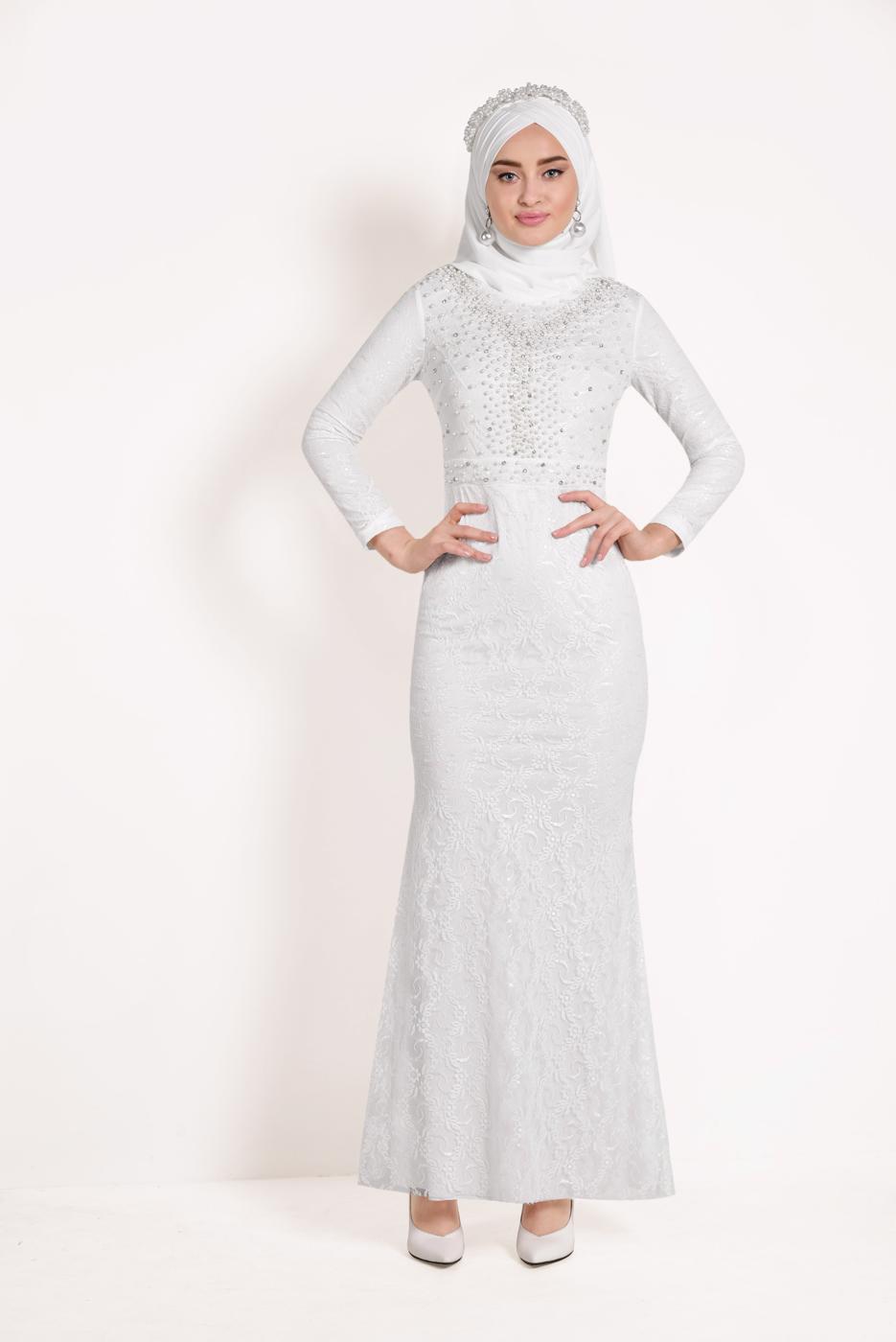 Hijab clothing WHITE Lace Fish Cut Evening Dress T 24293