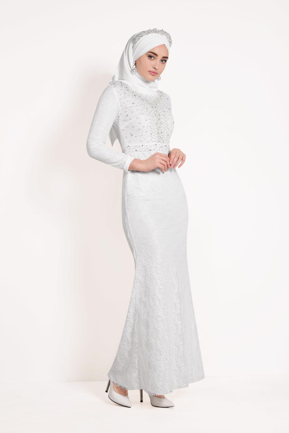 Hijab clothing WHITE Lace Fish Cut Evening Dress T 24293