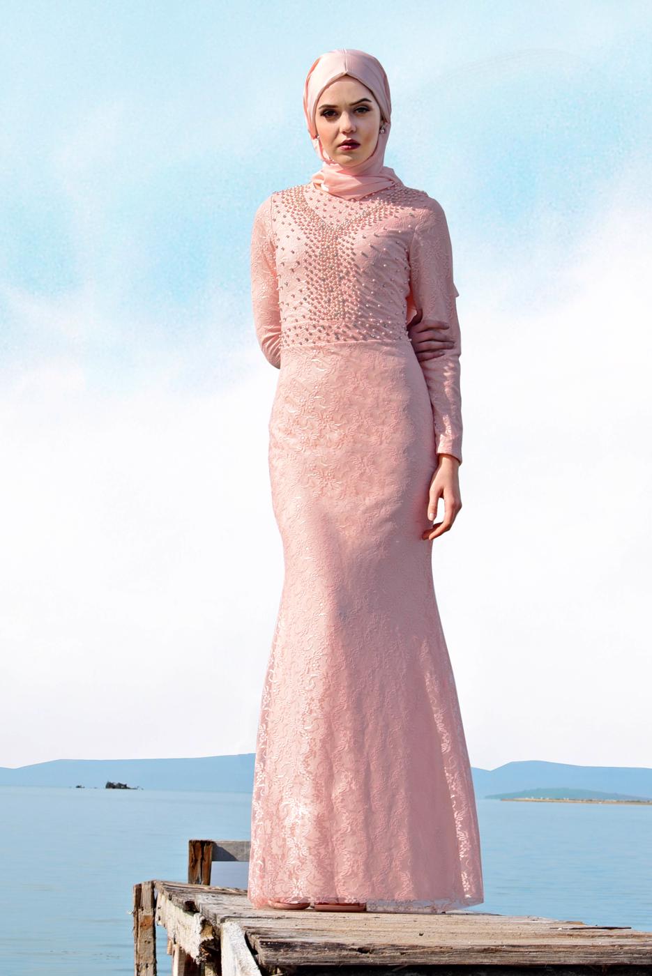 Hijab clothing POWDER Lace Fish Cut Evening Dress T 24293