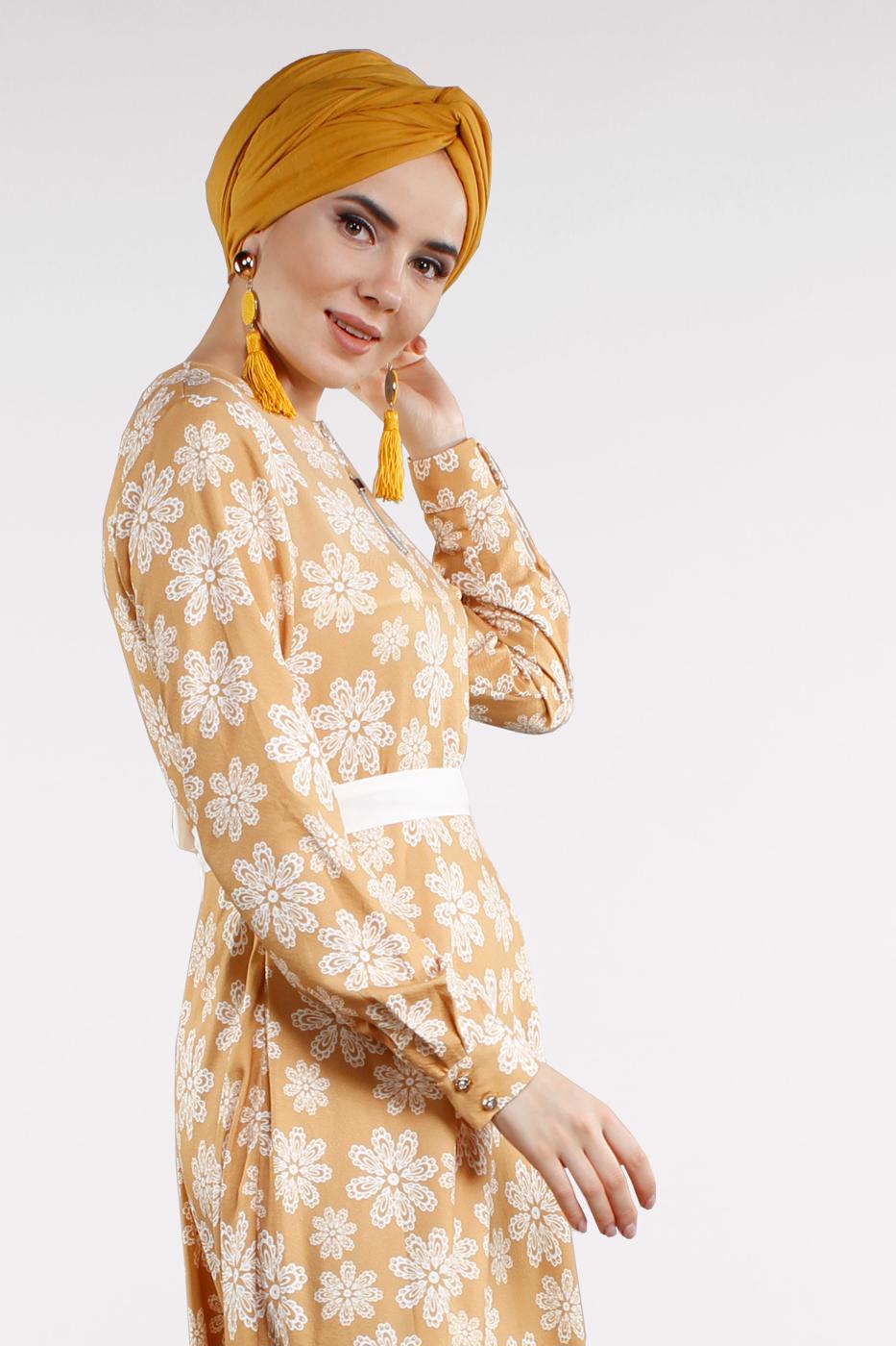 Tesettür giyim TURUNCU ÇİÇEK DESENLİ ELBİSE 32391