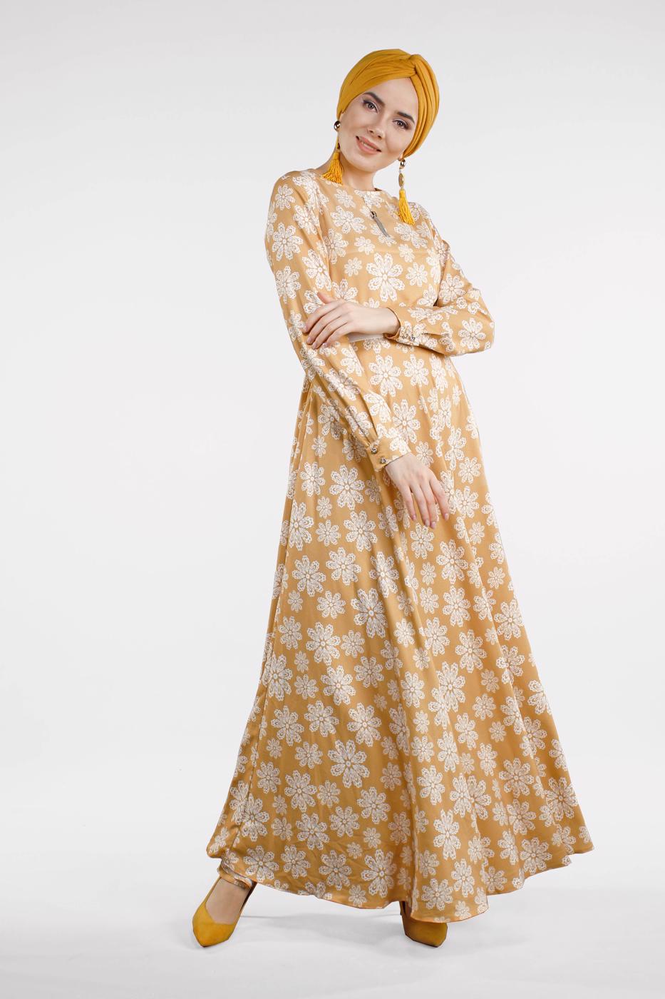 Tesettür giyim TURUNCU ÇİÇEK DESENLİ ELBİSE 32391