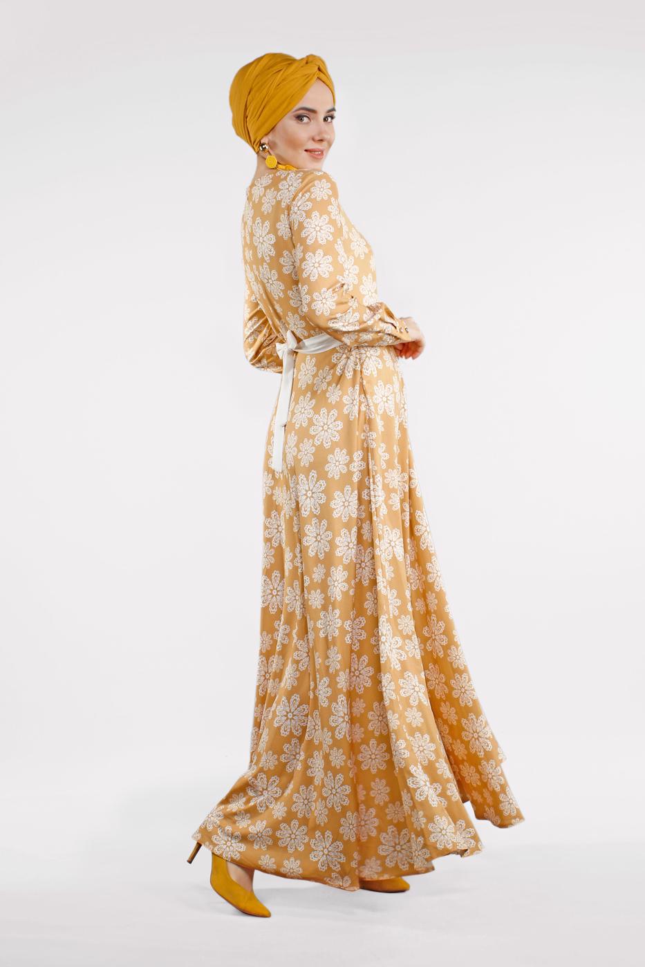 Tesettür giyim TURUNCU ÇİÇEK DESENLİ ELBİSE 32391