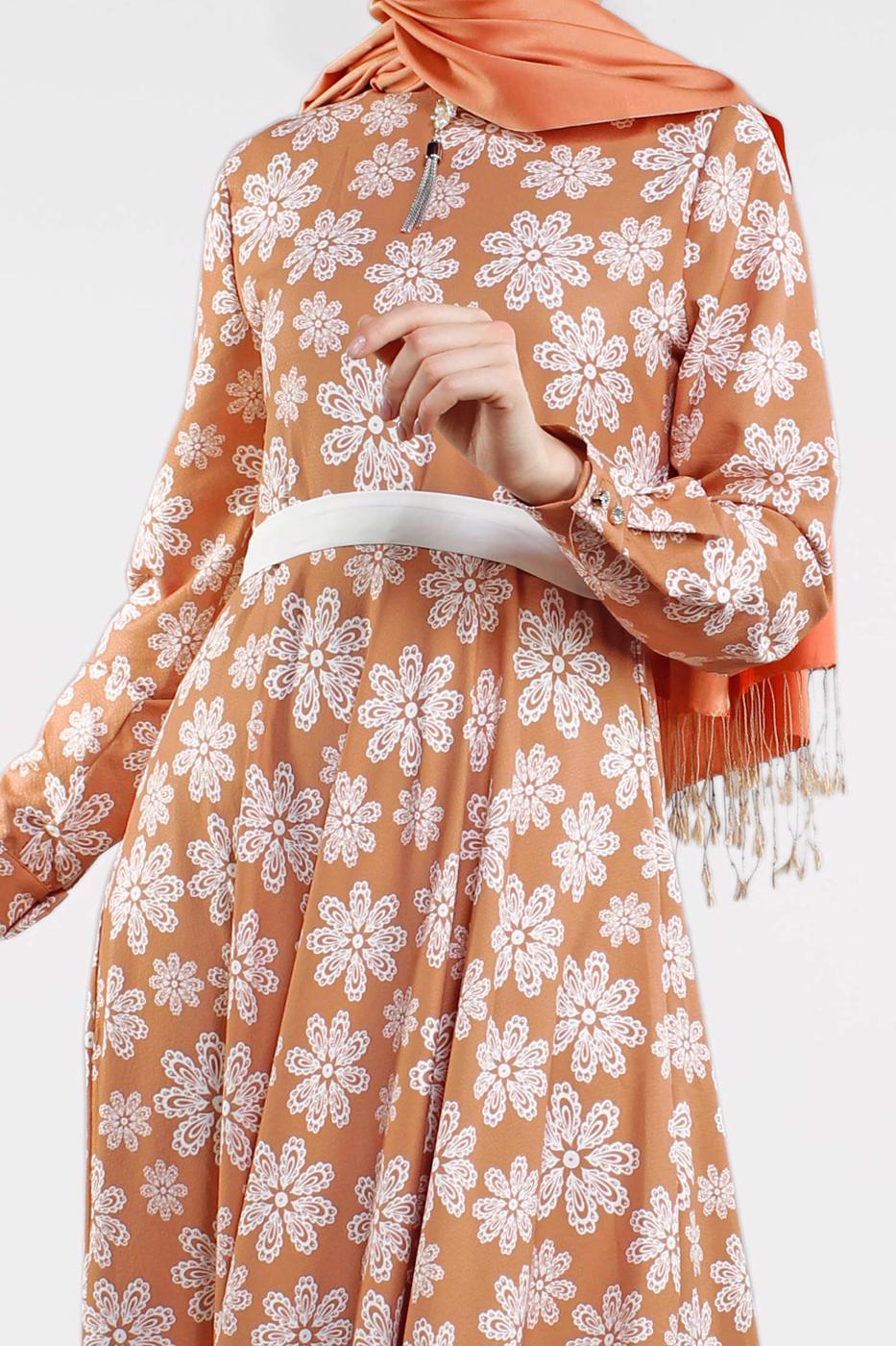 Tesettür giyim PEMBE ÇİÇEK DESENLİ ELBİSE 32391