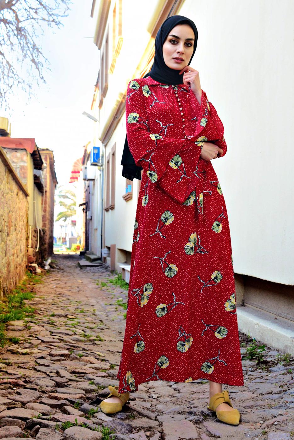 Tesettür giyim KIRMIZI FLORAL DESENLİ ELBİSE T 59181