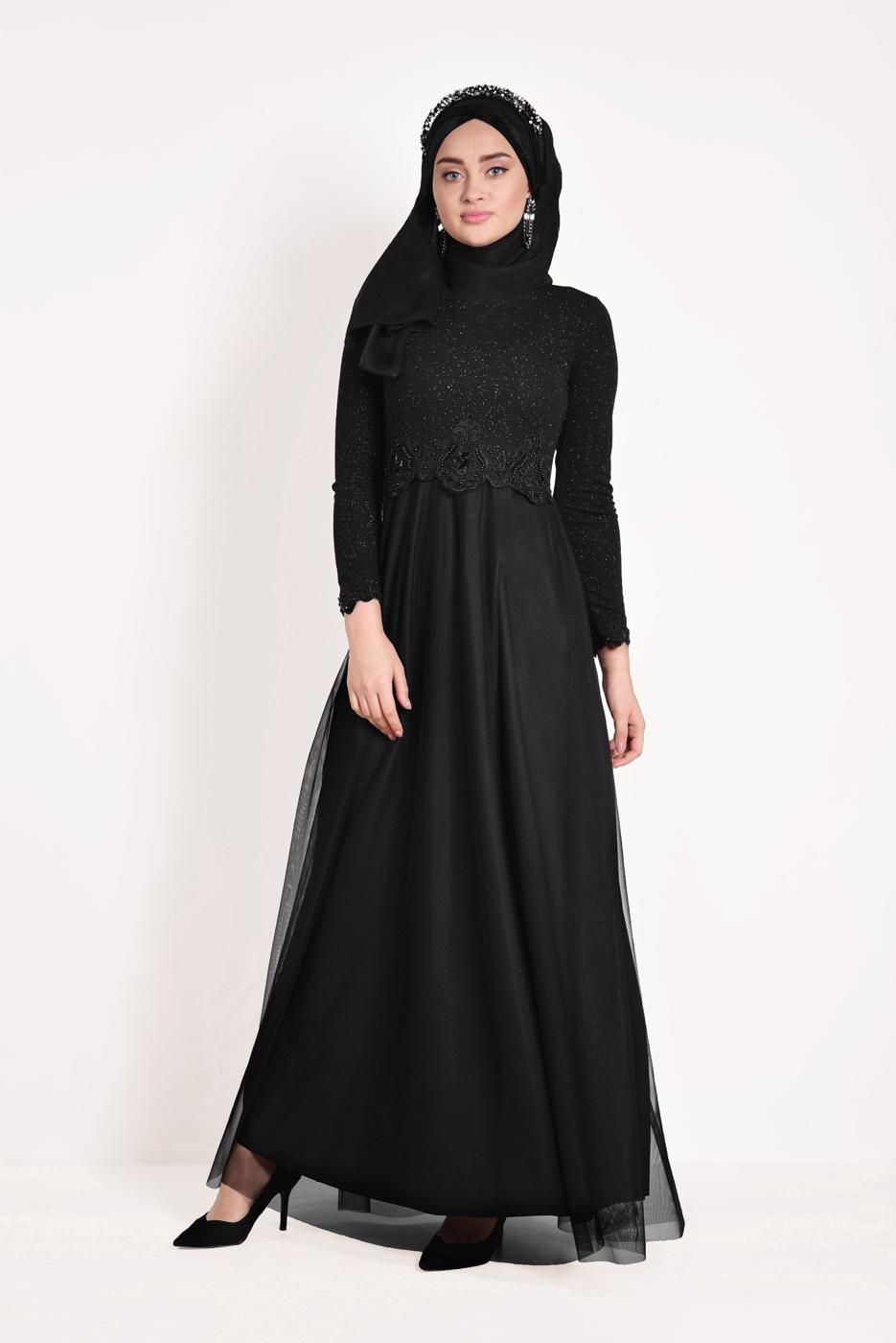 Hijab clothing BLACK Guipure Detail Tulle Evening Dress T 66083 