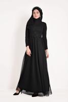 Hijab clothing BLACK Guipure Detail Tulle Evening Dress T 66083 