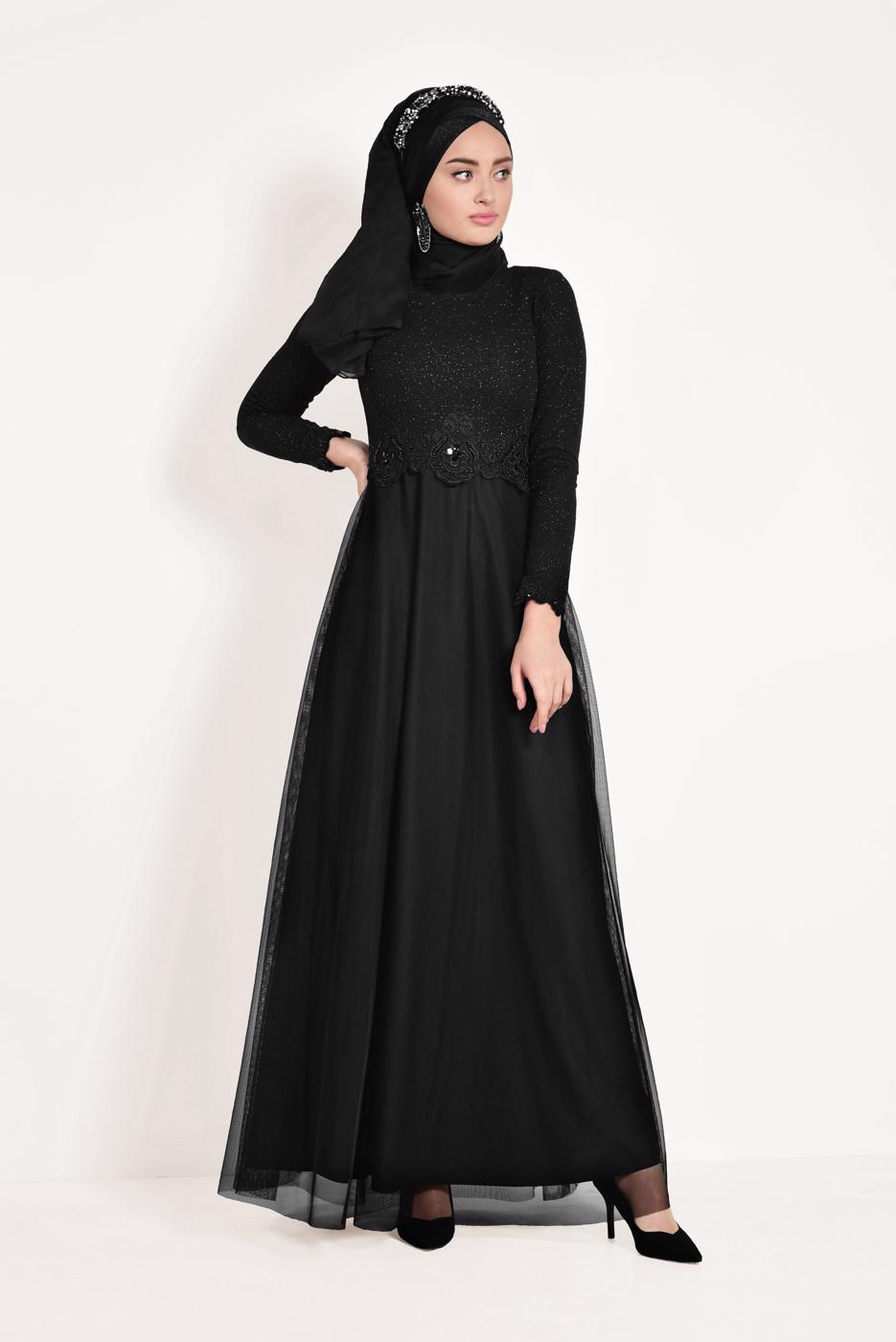 Hijab clothing BLACK Guipure Detail Tulle Evening Dress T 66083 