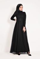 Hijab clothing BLACK Guipure Detail Tulle Evening Dress T 66083 
