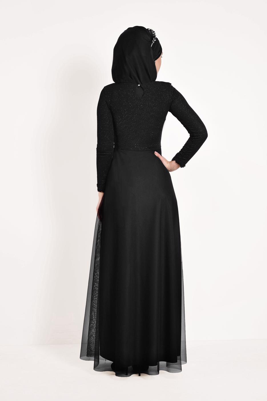 Hijab clothing BLACK Guipure Detail Tulle Evening Dress T 66083 