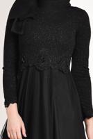 Hijab clothing BLACK Guipure Detail Tulle Evening Dress T 66083 