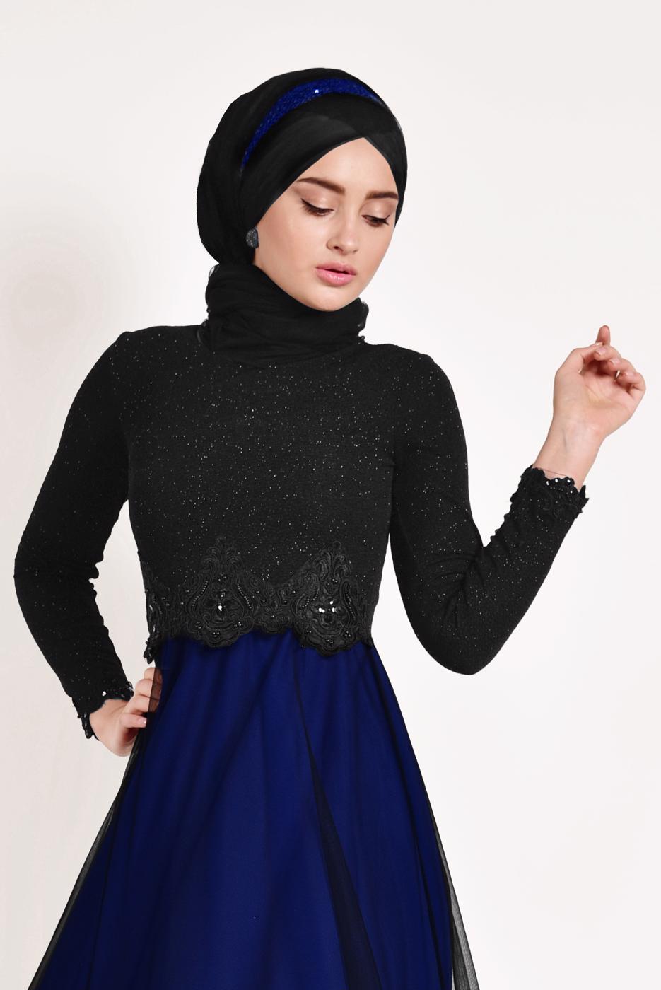 Hijab clothing BLACK Guipure Detail Tulle Evening Dress T 66083 
