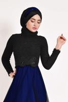 Hijab clothing BLACK Guipure Detail Tulle Evening Dress T 66083 