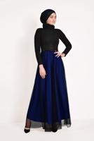 Hijab clothing BLACK Guipure Detail Tulle Evening Dress T 66083 