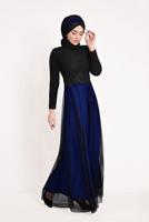 Hijab clothing BLACK Guipure Detail Tulle Evening Dress T 66083 