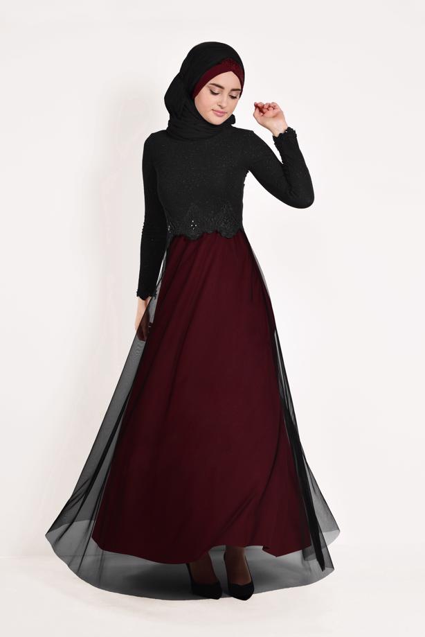 Hijab clothing  Guipure Detail Tulle Evening Dress T 66083  - TRENDTESETTÜR