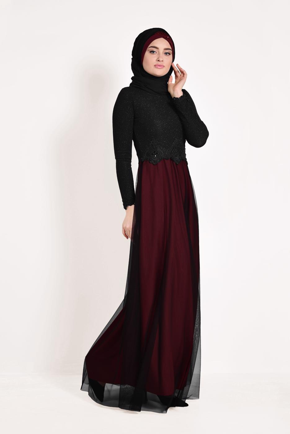 Hijab clothing BLACK Guipure Detail Tulle Evening Dress T 66083 