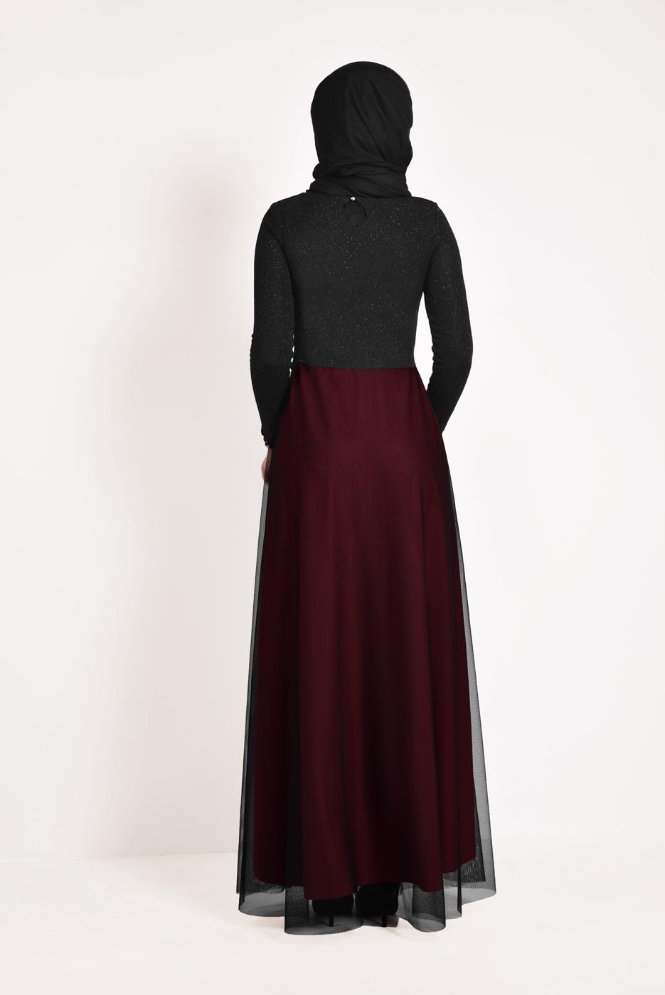 Hijab clothing BLACK Guipure Detail Tulle Evening Dress T 66083 