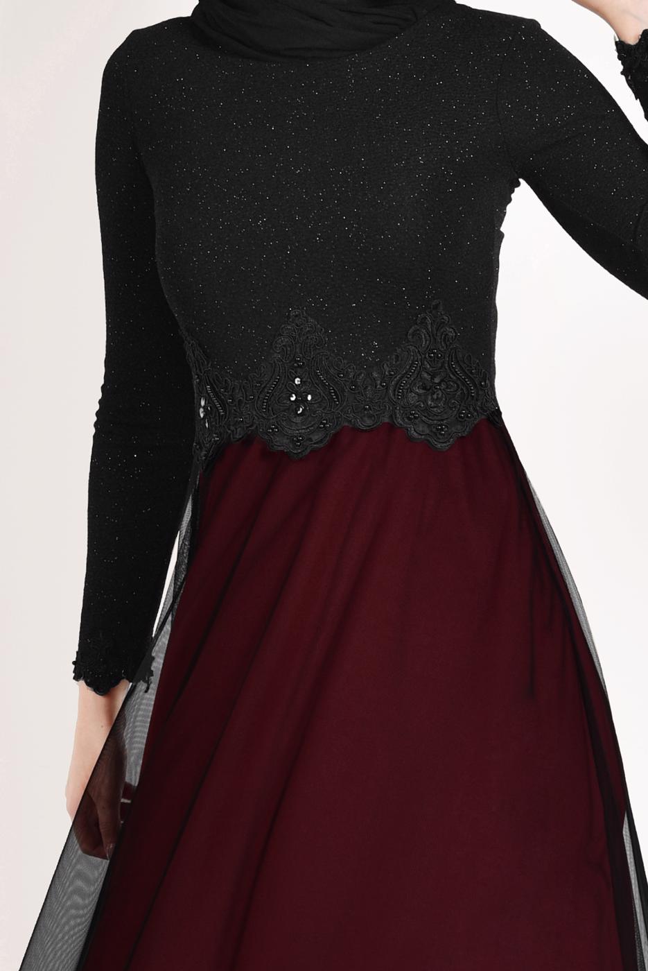 Hijab clothing BLACK Guipure Detail Tulle Evening Dress T 66083 