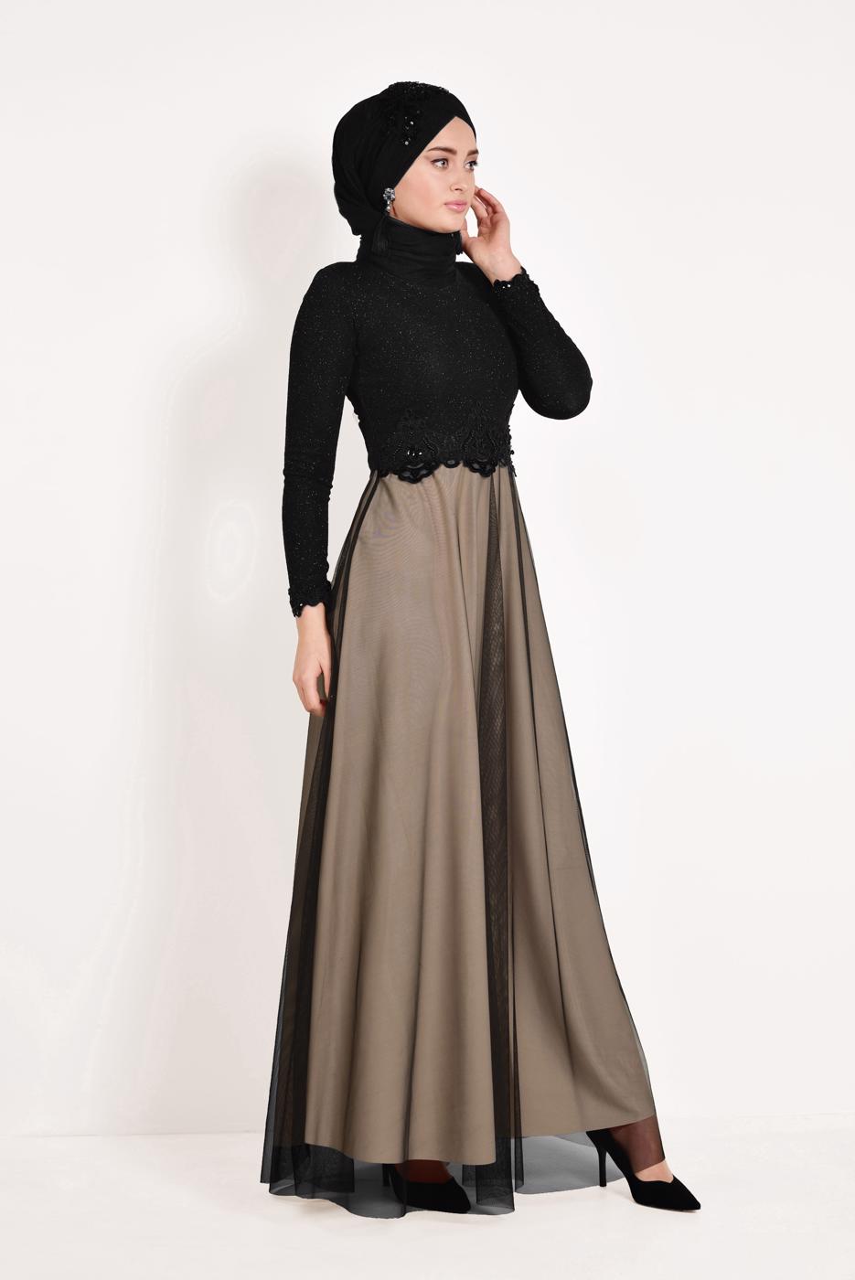 Hijab clothing POWDER Guipure Detail Tulle Evening Dress T 66083 