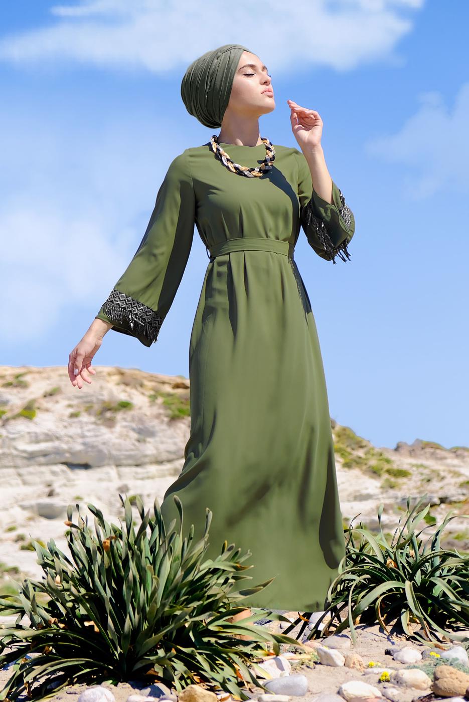 Tesettür giyim YEŞİL PUL PAYET İŞLEMELİ ELBİSE 72391